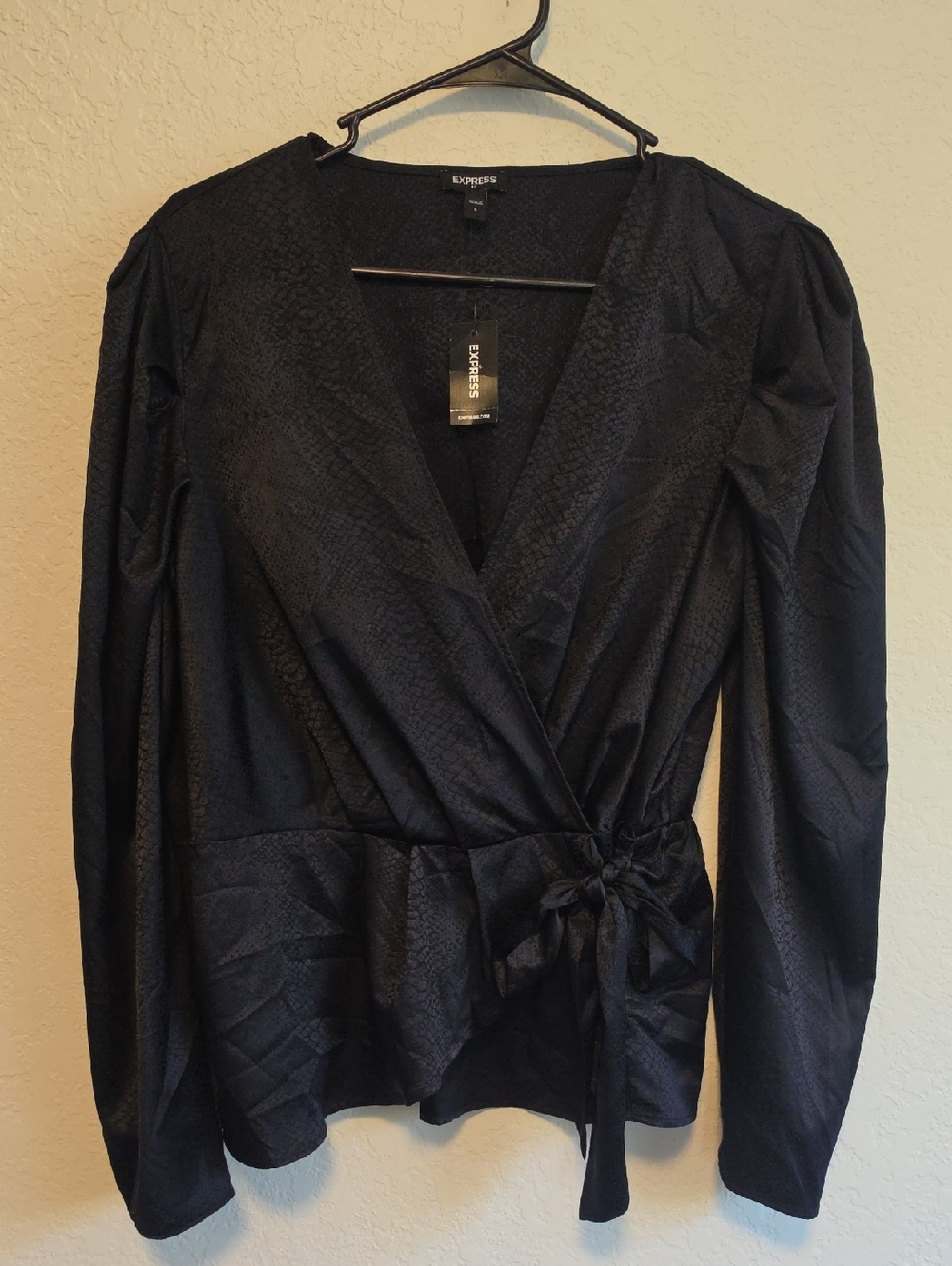 Express NAVY Textured Wrap Blouse with Side Tie